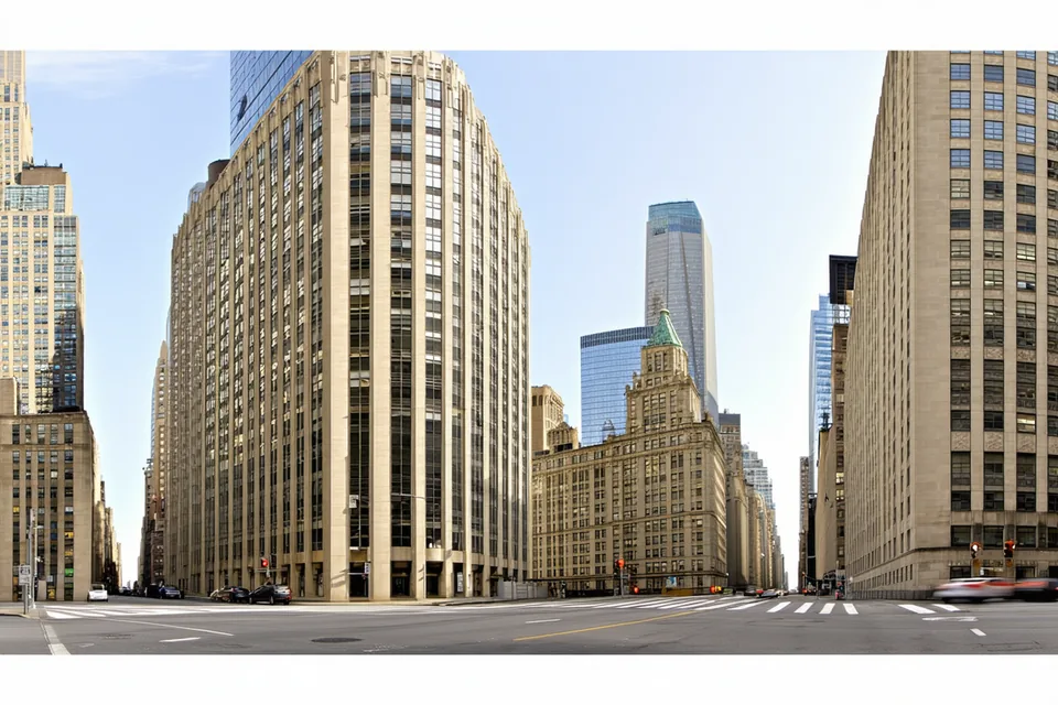 NYC Midtown financial district street scene with Park Avenue address architecture in background, institutional setting