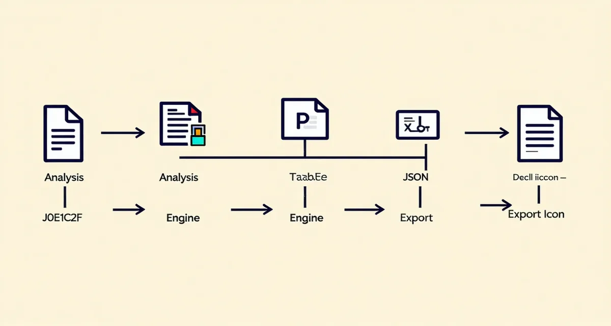 Platform architecture flow diagram showing document input types flowing into an analysis engine and outputting structured data formats