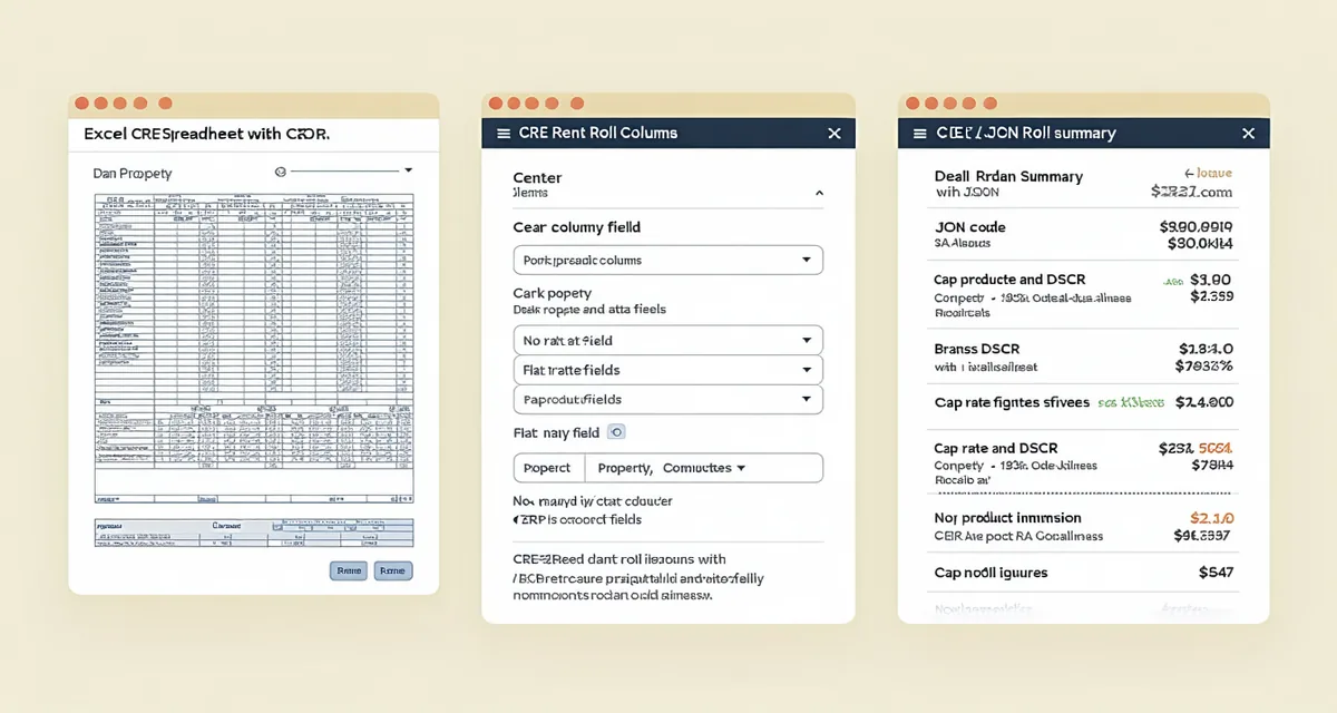 Platform output mockup showing Excel export view, API JSON snippet, and deal memo panel in a three-panel layout