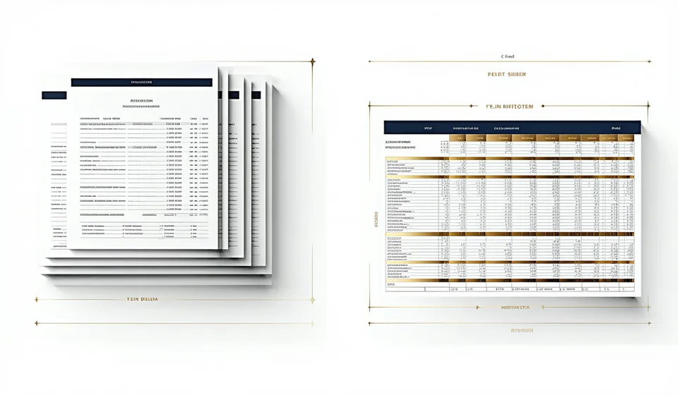 Split-screen mockup showing a stack of PDF and Excel rent roll documents on the left and a clean structured data table on the right