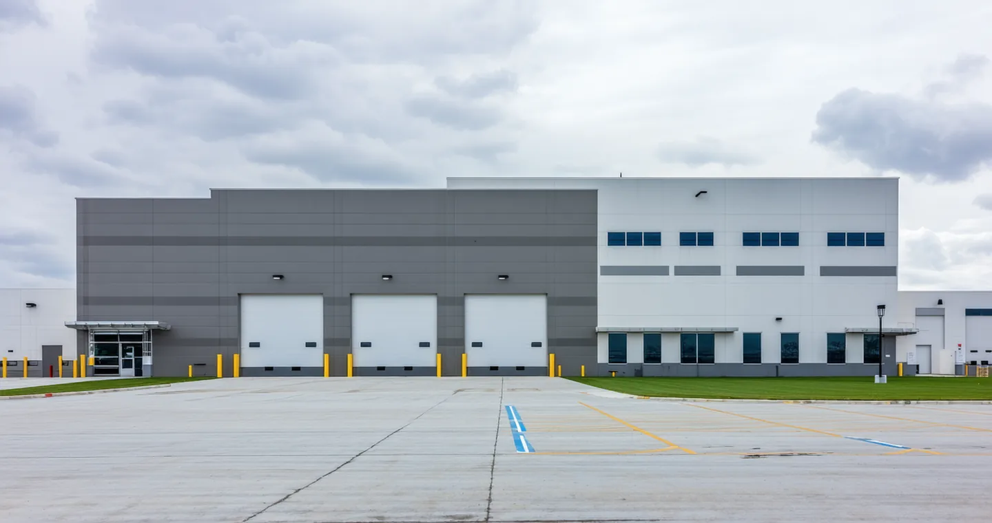Large-format industrial warehouse exterior with loading docks, clear height visible, suburban logistics park setting