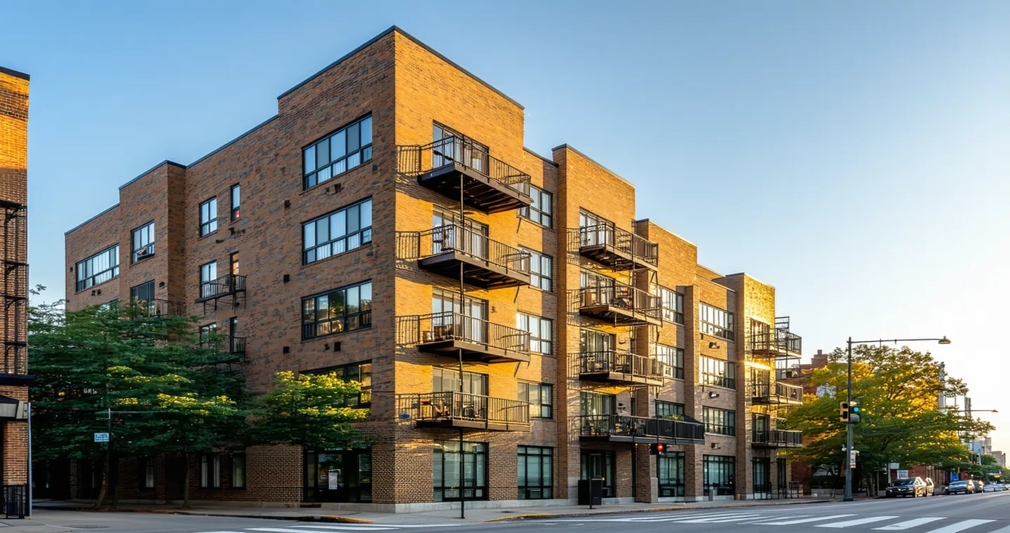 Modern mid-rise multifamily residential building exterior in an urban setting, clean architectural photography