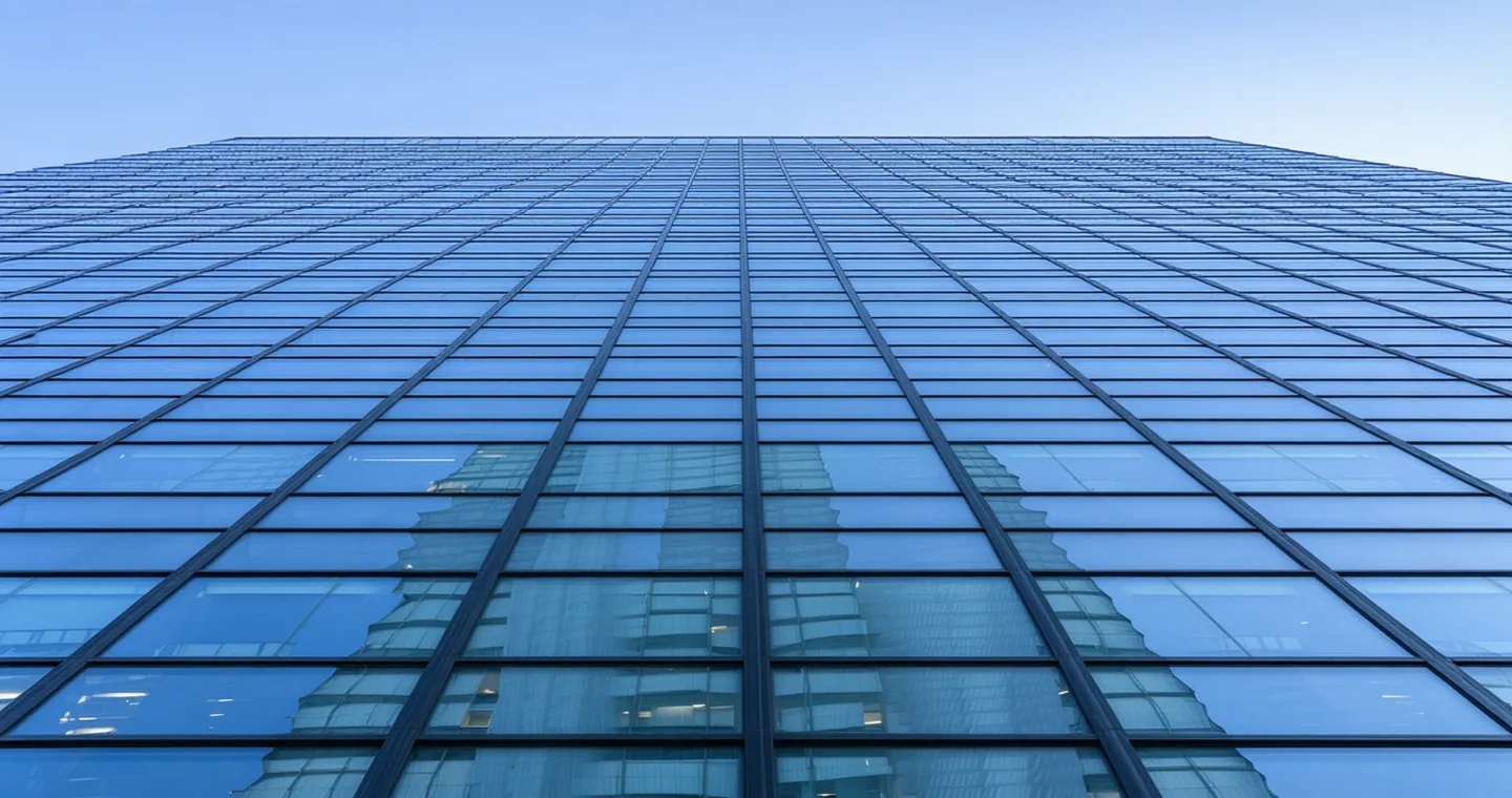 Modern Class A office tower exterior in a midtown urban setting, glass curtain wall with partial vacancy visible