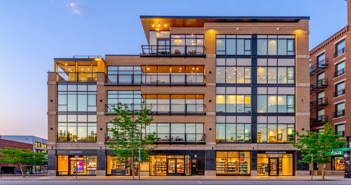 Mixed-use retail and residential building exterior showing ground-floor retail storefronts and upper residential floors
